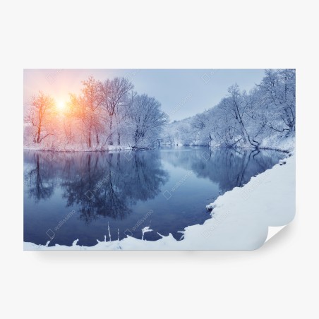 Wall mural serene winter river at sunset • Wallissimo®