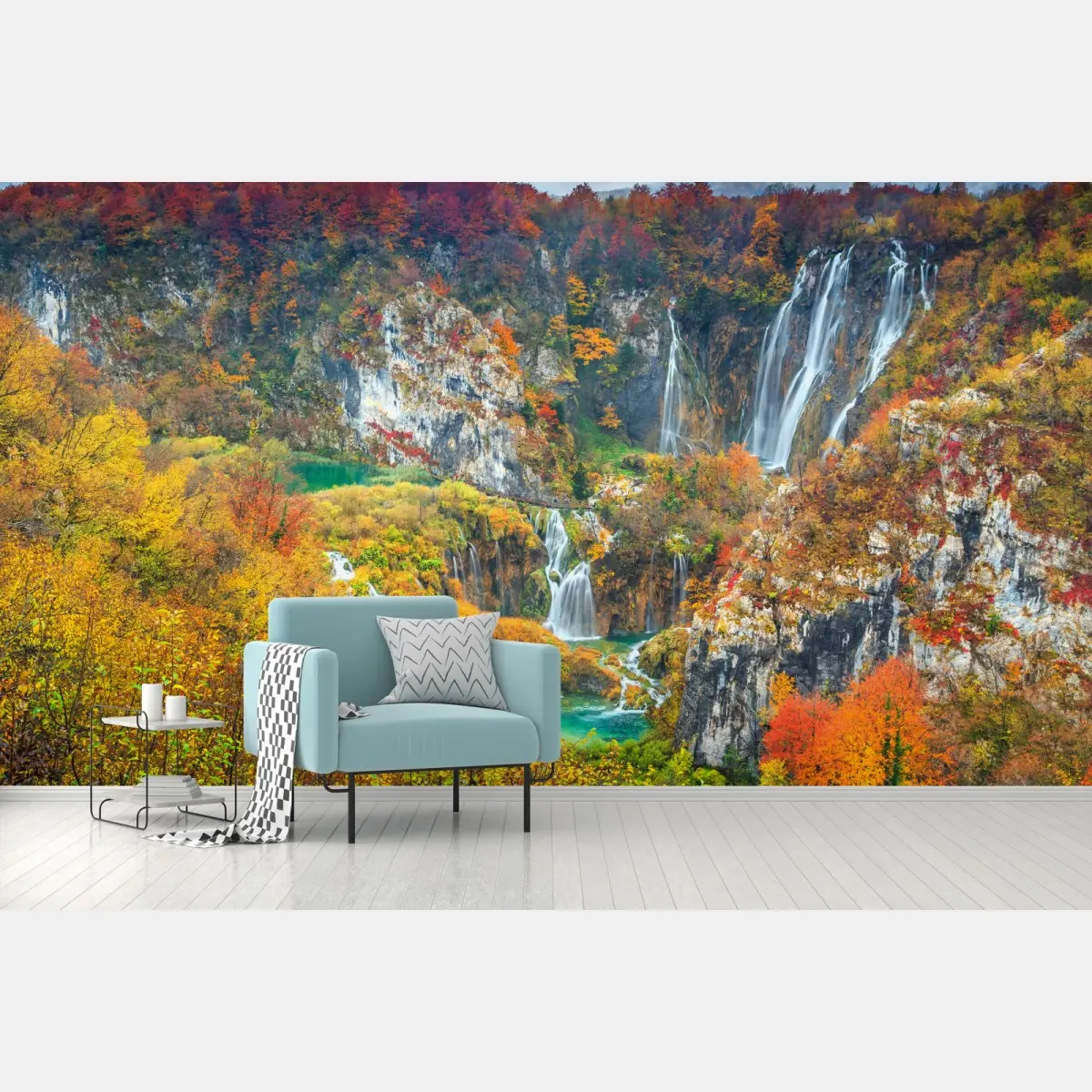 Wall mural autumn waterfalls in a vivid forest • Wallissimo®