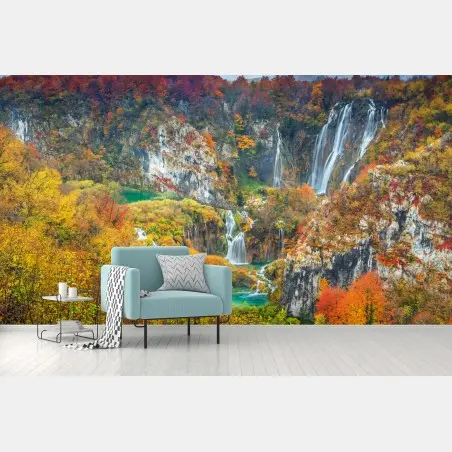 Wall mural autumn waterfalls in a vivid forest • Wallissimo®