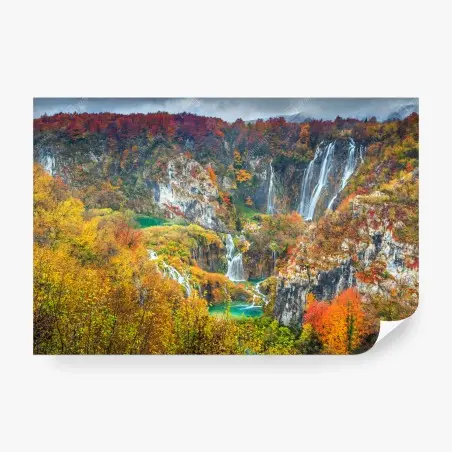 Wall mural autumn waterfalls in a vivid forest • Wallissimo®