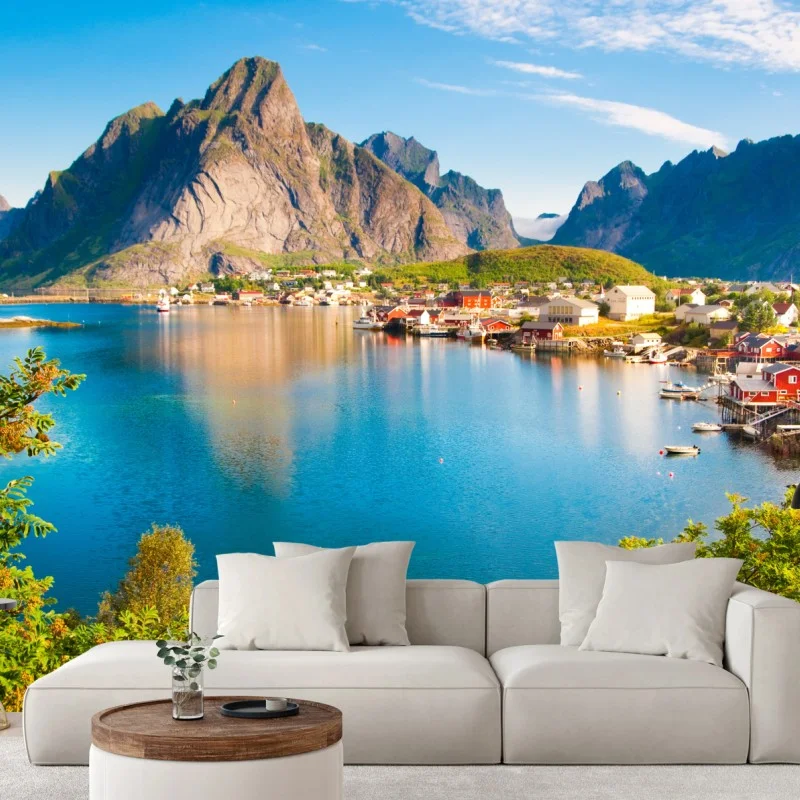 Wall mural serene fjord village with mountains and reflections