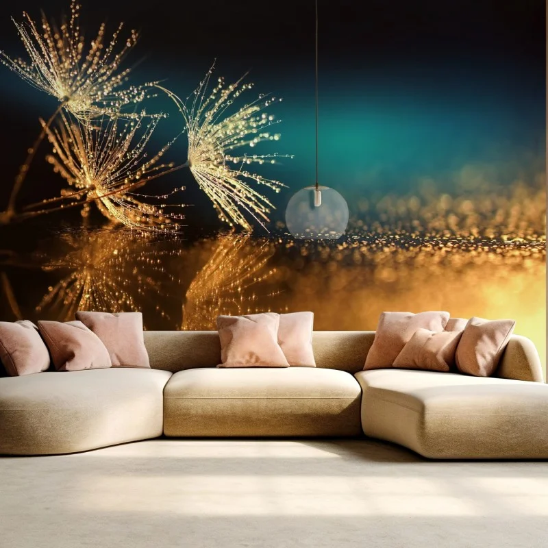 Wall mural golden dandelion seed reflection • Wallissimo® Wall mural golden dandelion seed reflection • Wallissimo®