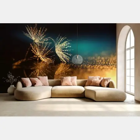 Wall mural golden dandelion seed reflection • Wallissimo®