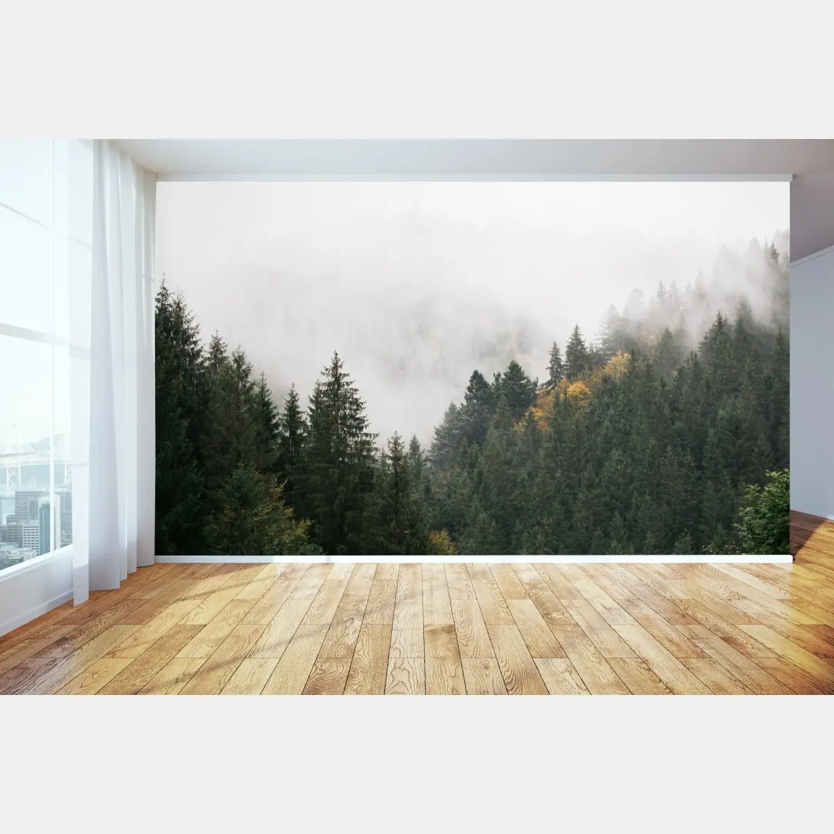 Wall mural misty mountain forest with fog • Wallissimo®