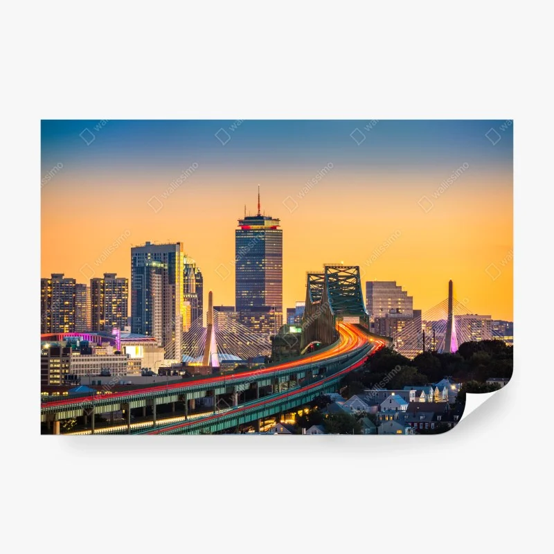 Wall mural Boston skyline at sunset with Zakim and Tobin bridges
