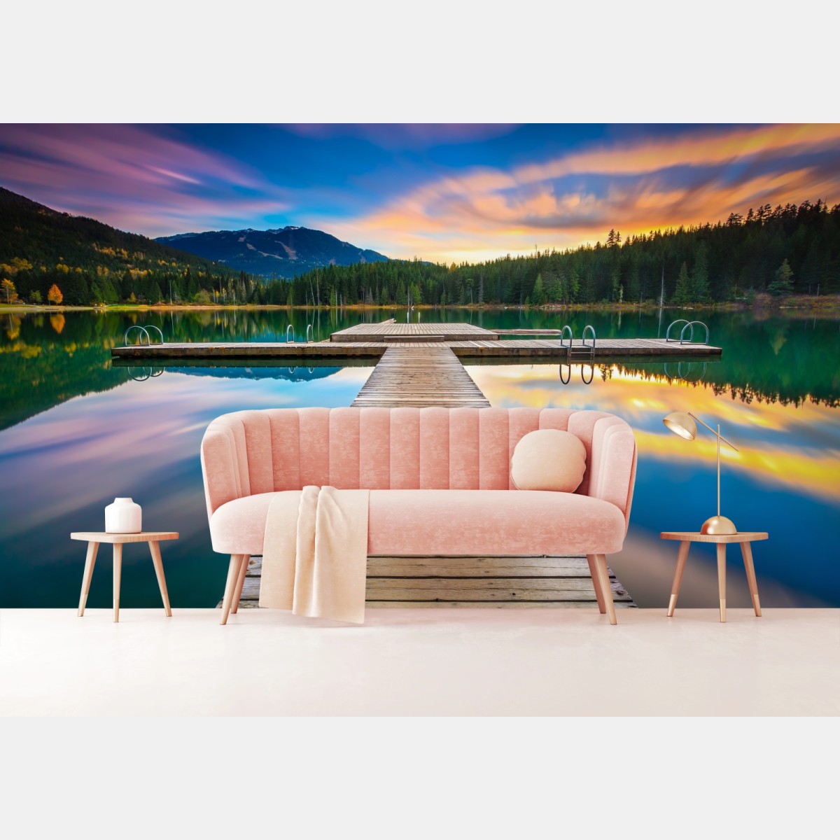 Wall mural serene mountain lake at sunset • Wallissimo®
