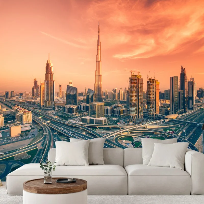 Wall mural Dubai skyline at sunset