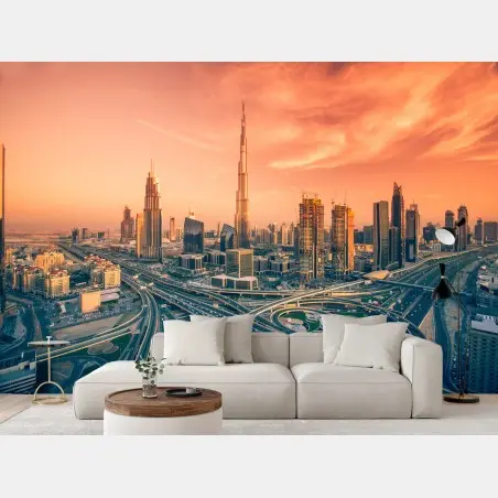 Wall mural Dubai skyline at sunset • Wallissimo®