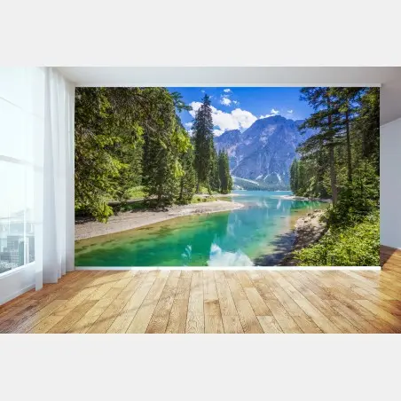 Wall mural Pragser Wildsee turquoise mountain lake • Wallissimo®