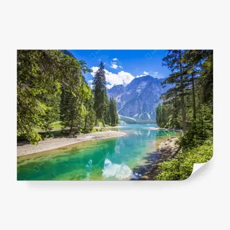 Wall mural Pragser Wildsee turquoise mountain lake • Wallissimo®