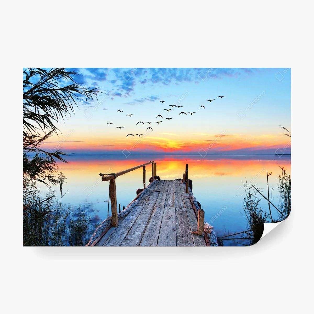 Wall mural sunset pier over tranquil lake • Wallissimo® Wall mural sunset pier over tranquil lake • Wallissimo®