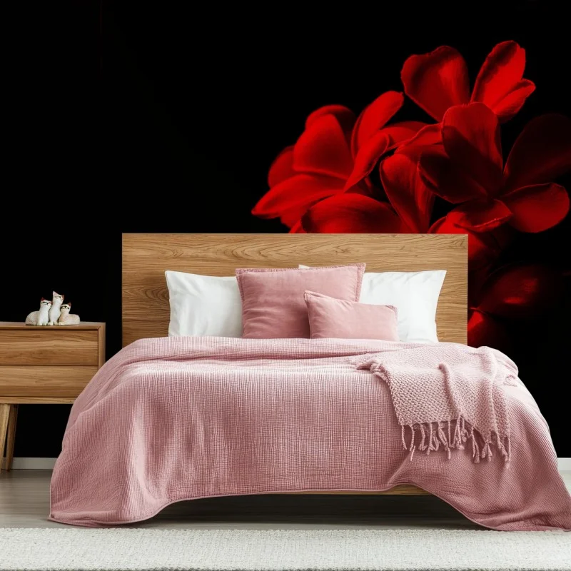 Wall mural red plumeria bloom on black background