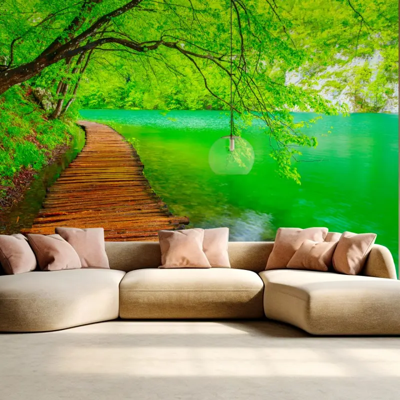 Wall mural serene green lake boardwalk