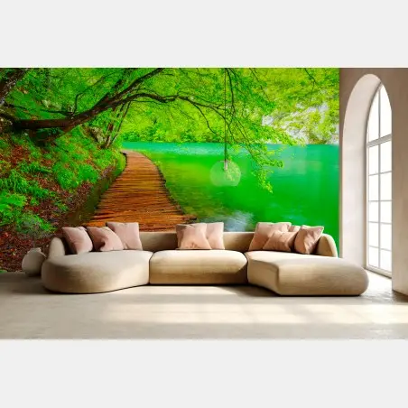 Wall mural serene green lake boardwalk • Wallissimo®