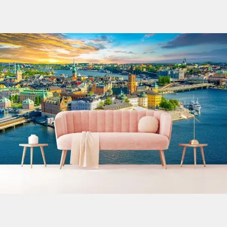 Wall mural vibrant Stockholm cityscape at sunset • Wallissimo®