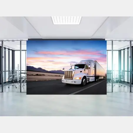 Wall mural sunset highway truck in motion • Wallissimo®
