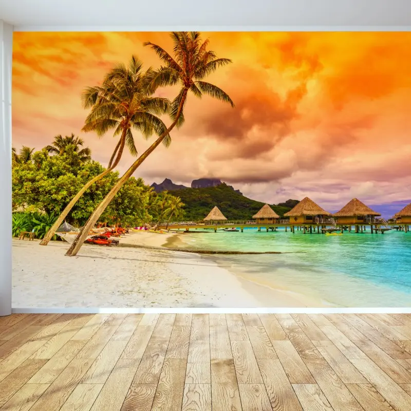 Wall mural sunset at Bora Bora overwater bungalows