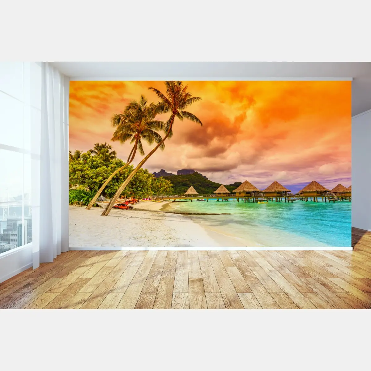 Wall mural sunset at Bora Bora overwater bungalows • Wallissimo®