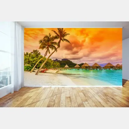 Wall mural sunset at Bora Bora overwater bungalows • Wallissimo®