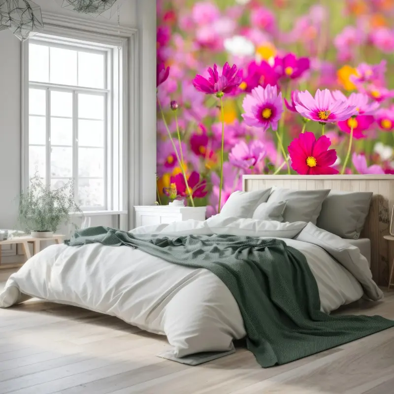 Wall mural pink cosmos meadow in bloom