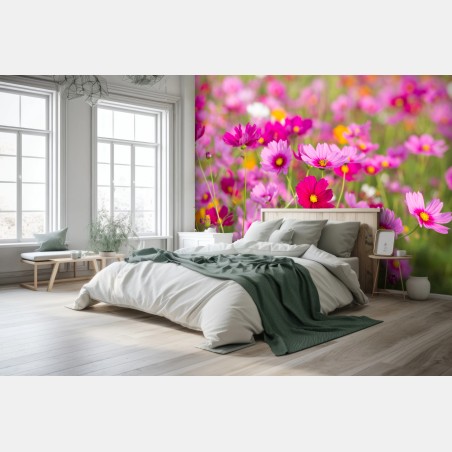 Wall mural pink cosmos meadow in bloom • Wallissimo®