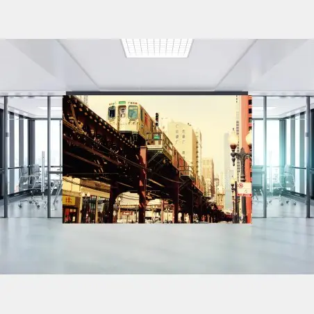 Wall mural vintage elevated train over city street • Wallissimo®