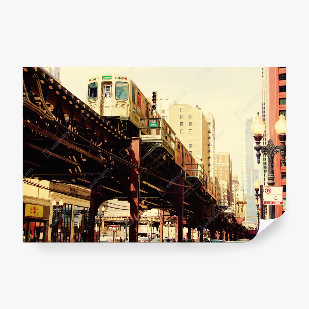 Wall mural vintage elevated train over city street • Wallissimo®
