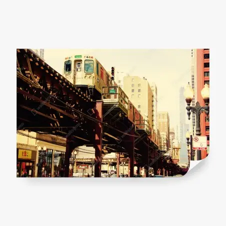 Wall mural vintage elevated train over city street • Wallissimo®