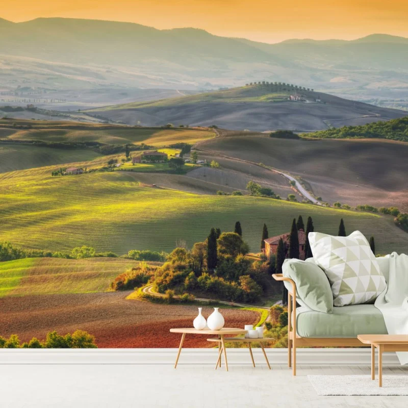 Wall mural Tuscany rolling hills at sunset