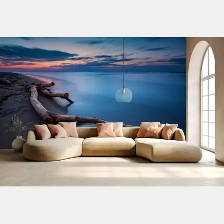Wall mural twilight driftwood on a calm beach • Wallissimo®