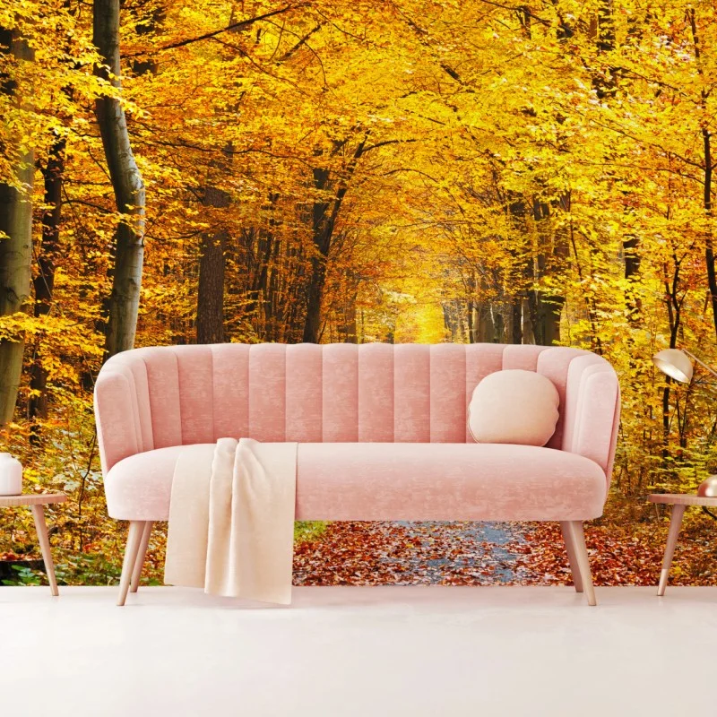 Wall mural golden autumn forest pathway