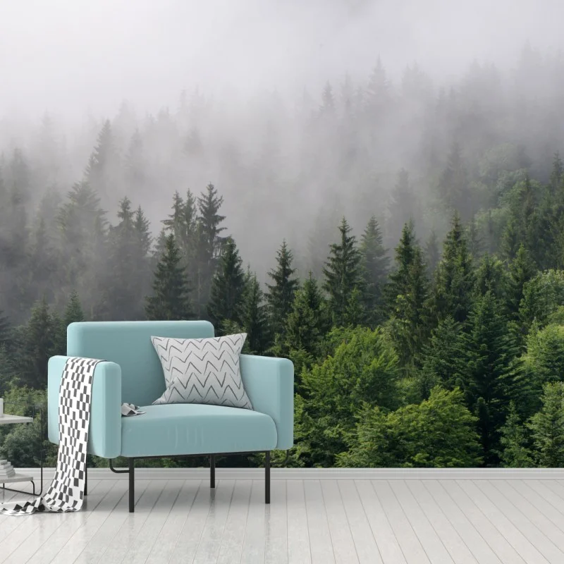 Wall mural misty evergreen forest panorama