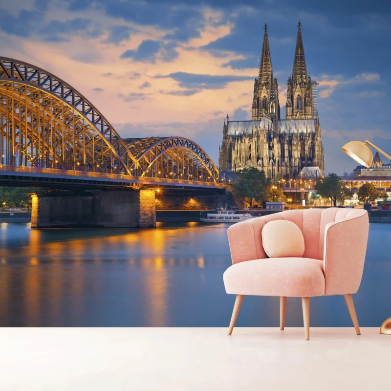 Wall mural Cologne cathedral and bridge at dusk