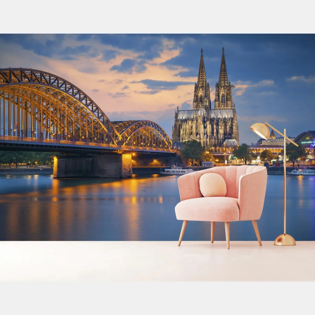Wall mural Cologne cathedral and bridge at dusk • Wallissimo®