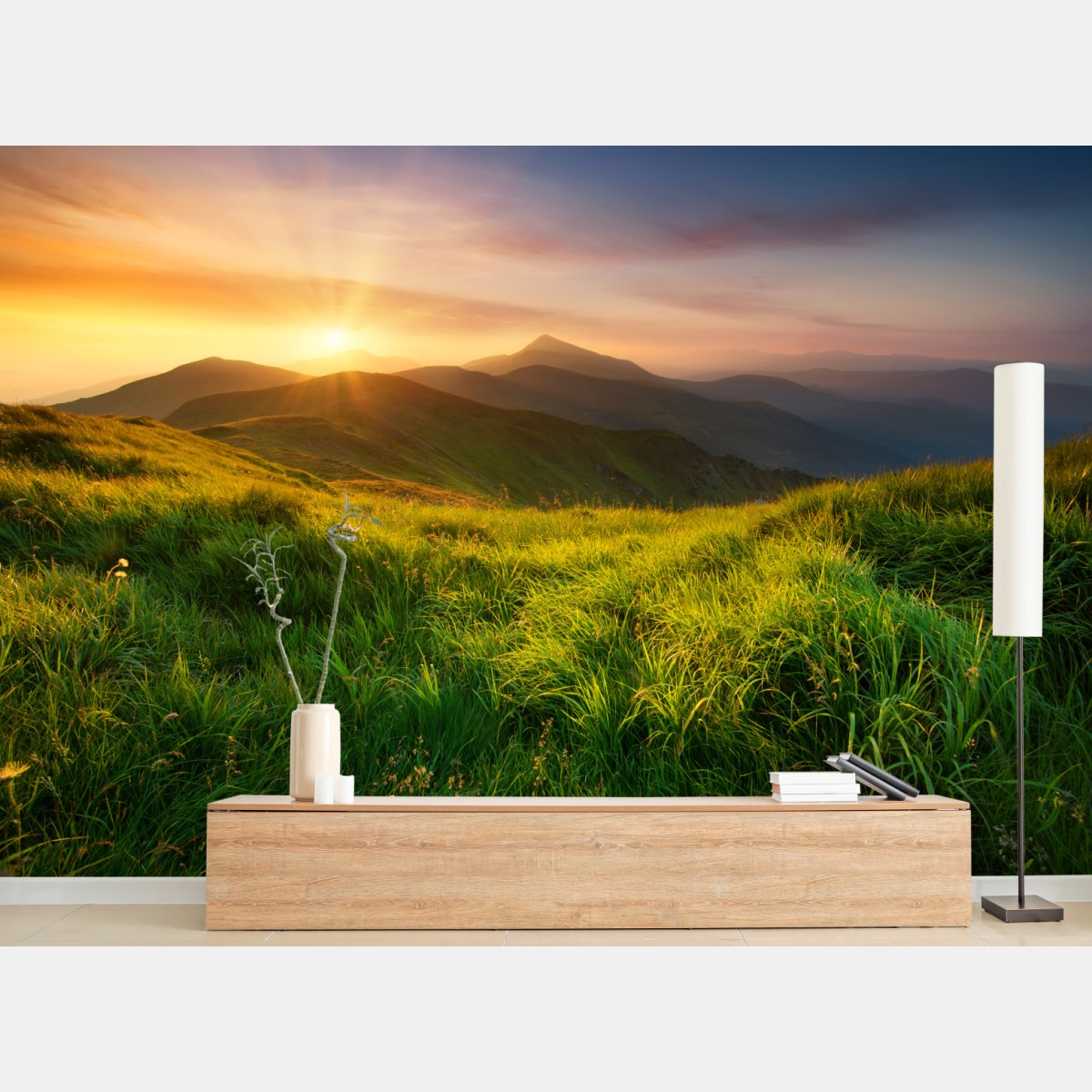 Wall mural sunrise over emerald mountain valley • Wallissimo®