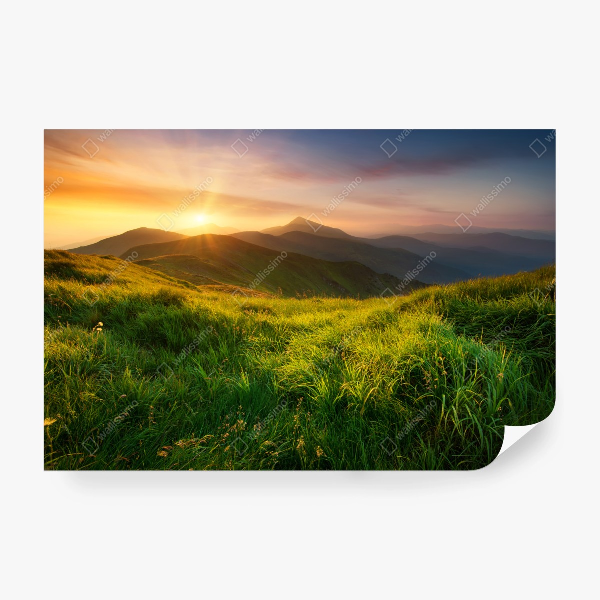 Wall mural sunrise over emerald mountain valley ⁕ Wallissimo®
