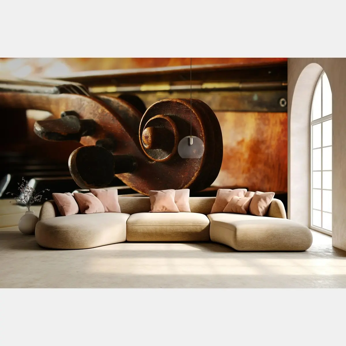 Wall mural vintage violin scroll on piano keys • Wallissimo®