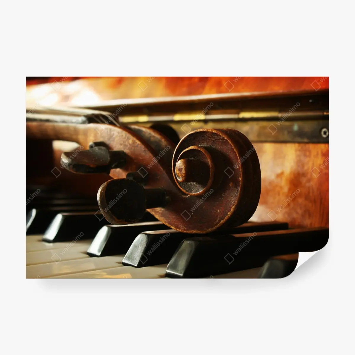 Wall mural vintage violin scroll on piano keys • Wallissimo®