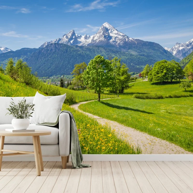 Wall mural alpine spring meadow with snow-capped peaks