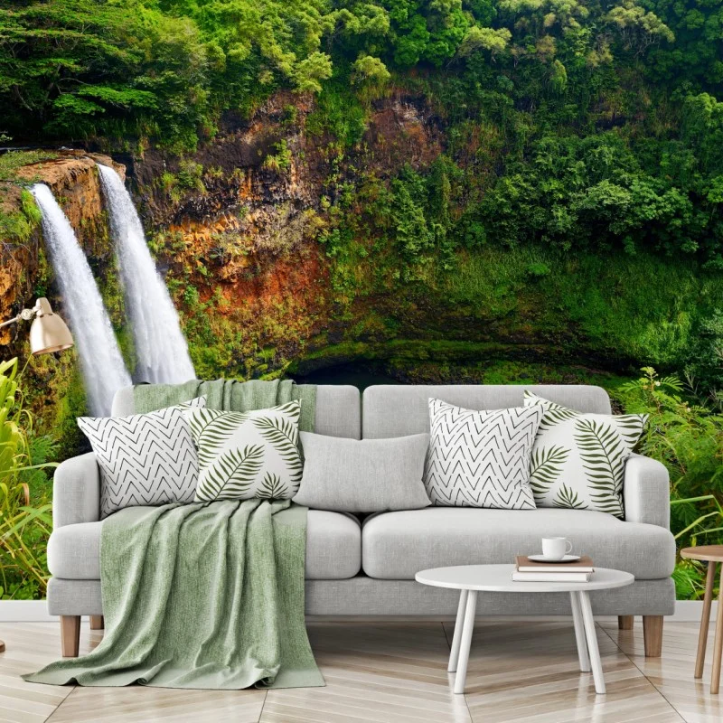 Wall mural double waterfall in lush green forest ⁕ Wallissimo® Wall mural double waterfall in lush green forest ⁕ Wallissimo®