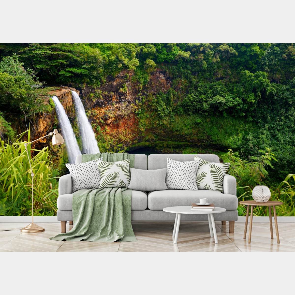 Wall mural double waterfall in lush green forest • Wallissimo®
