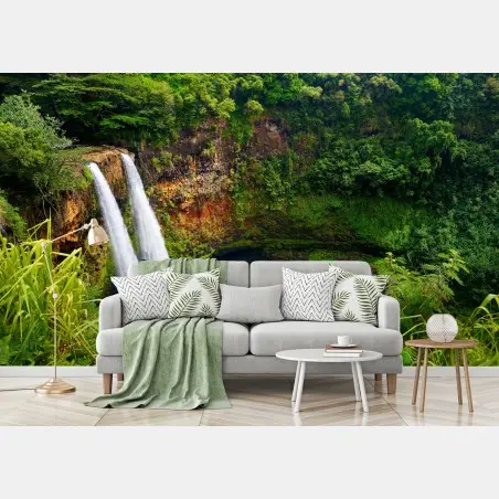 Wall mural double waterfall in lush green forest • Wallissimo®