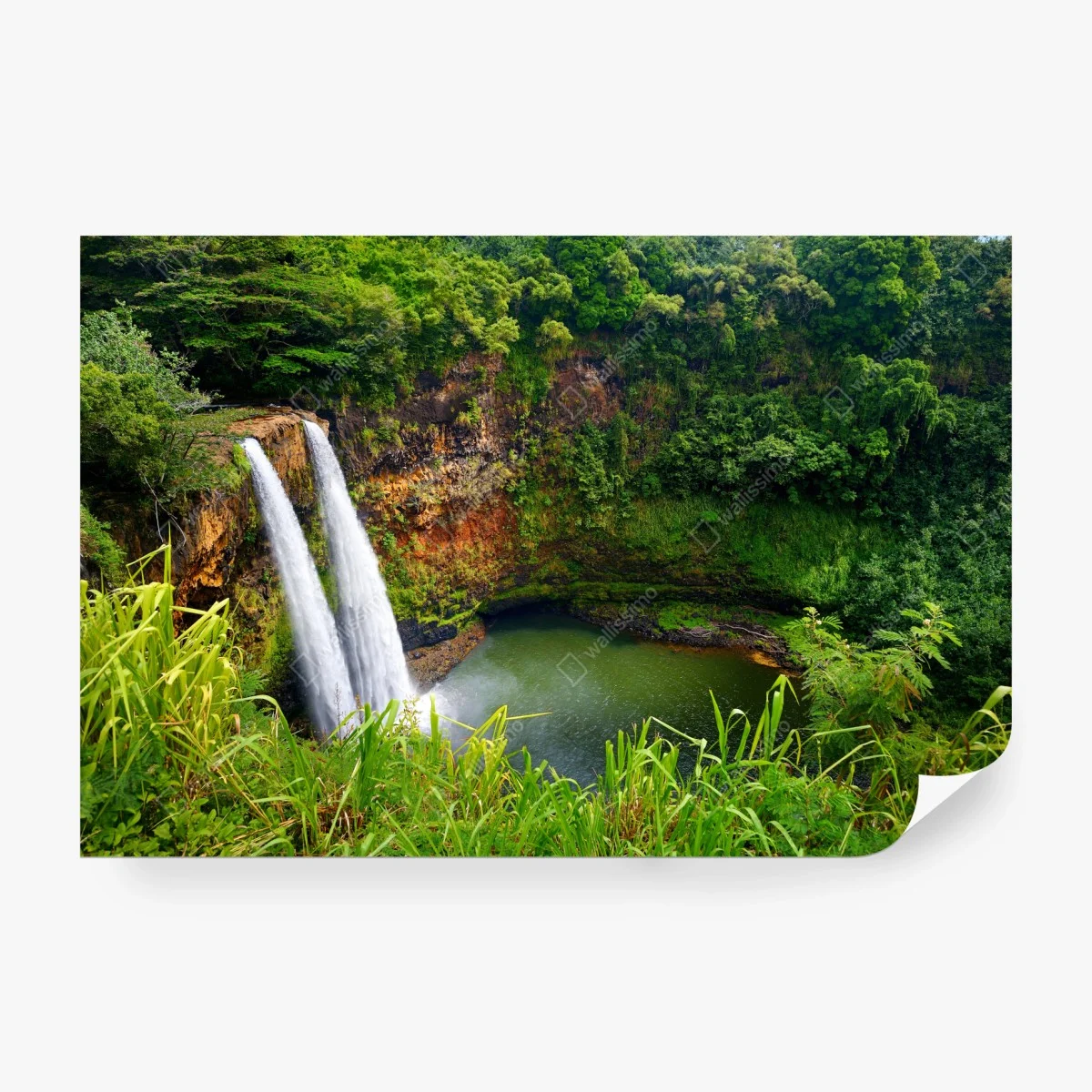 Wall mural double waterfall in lush green forest ⁕ Wallissimo® Wall mural double waterfall in lush green forest ⁕ Wallissimo®