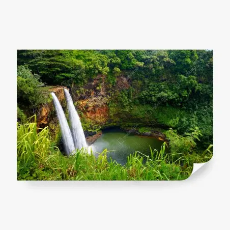 Wall mural double waterfall in lush green forest • Wallissimo®