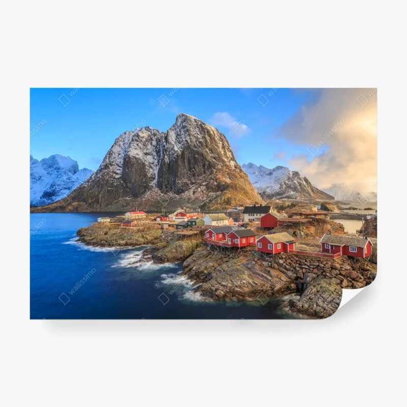 Wall mural coastal village in Norway with red fishing cabins