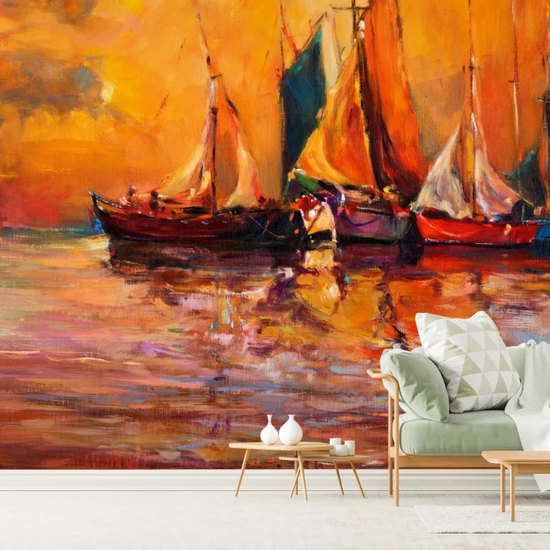 Wall mural golden sunset sailboats