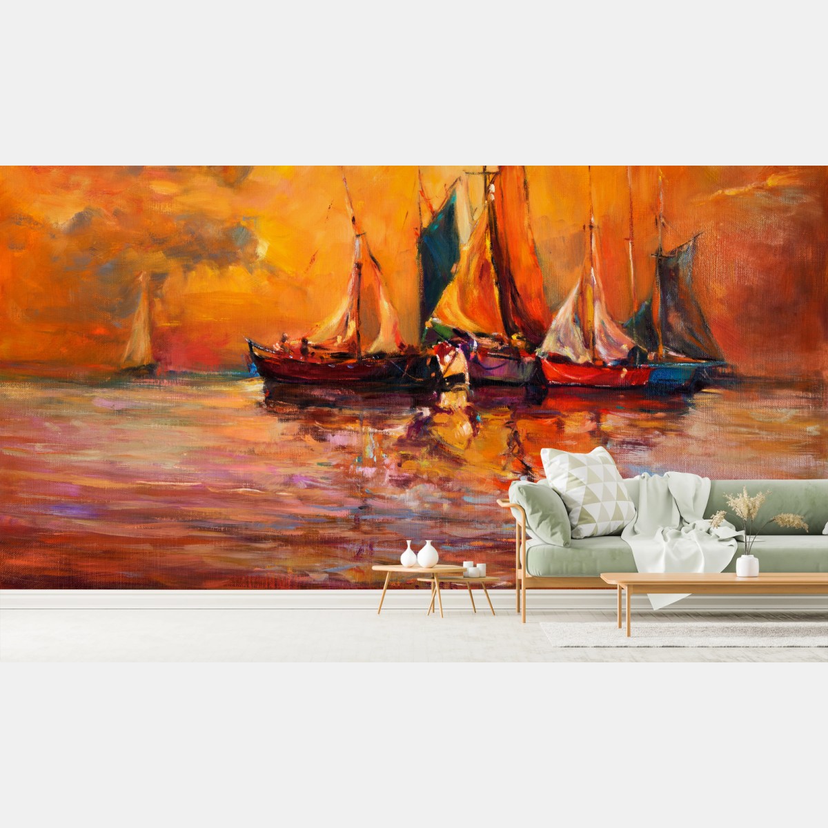 Wall mural golden sunset sailboats • Wallissimo®