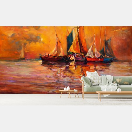 Wall mural golden sunset sailboats • Wallissimo®