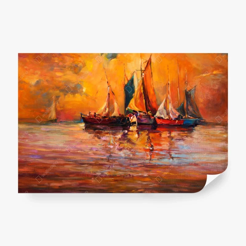 Wall mural golden sunset sailboats