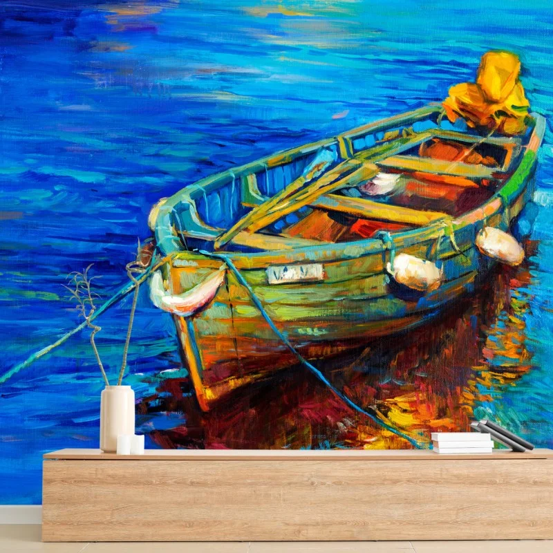 Wall mural vibrant boat at sunset